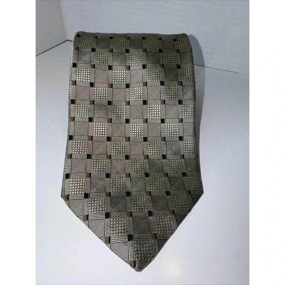 Roberto Villini Necktie Mens OS Silver Taupe Geometric Grid‎ Silk Hand Made Tie